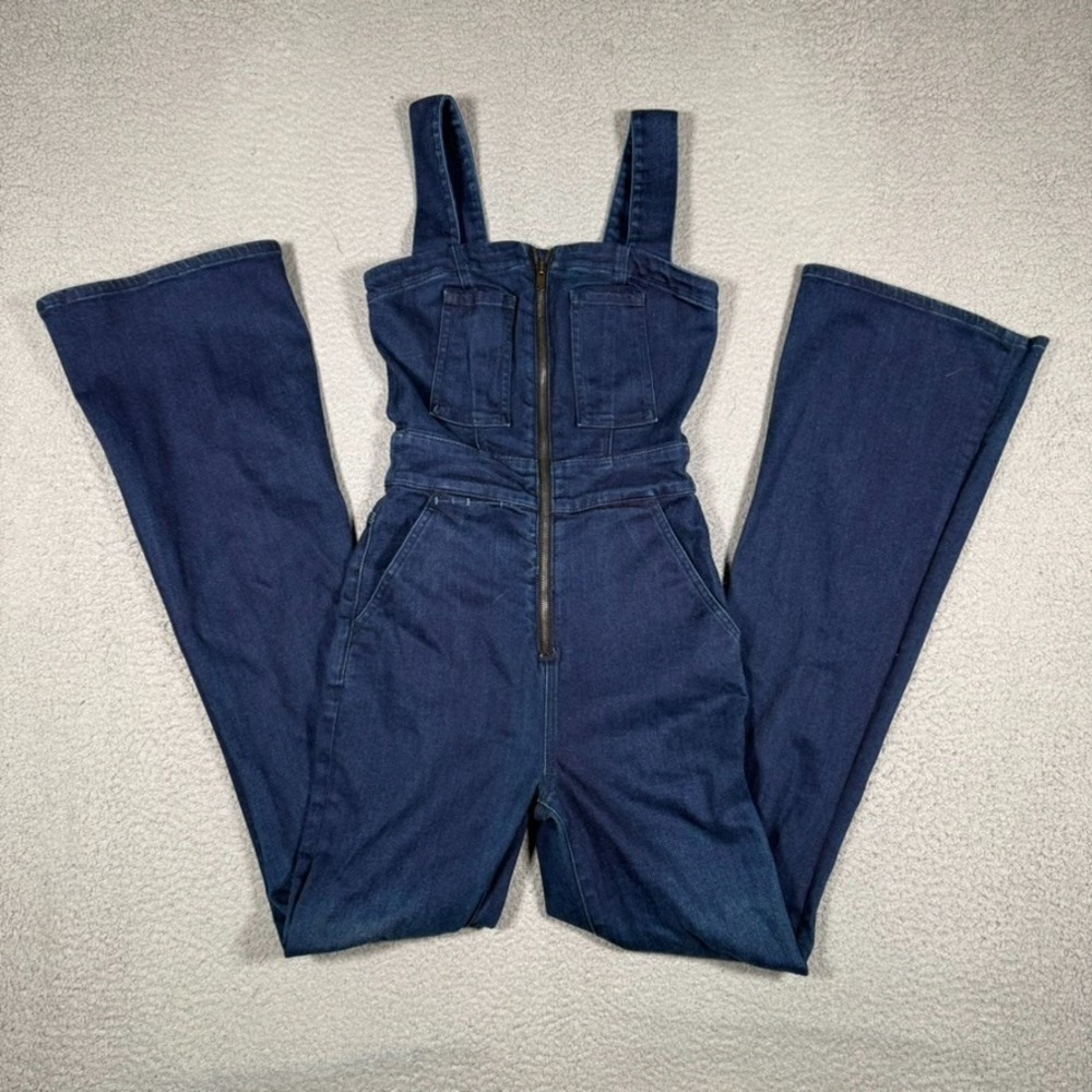 7 For All Mankind Overalls Womens 25 Indigo Jumpsuit Flare Leg Denim Preppy Logo